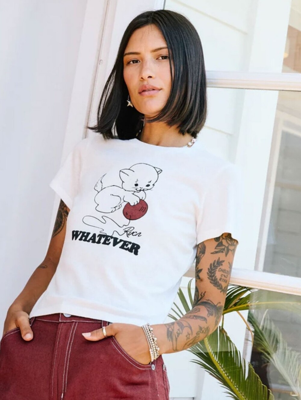 M Rvca Whatever Kitten Sweet Tshirt White Skater Cat Kitty